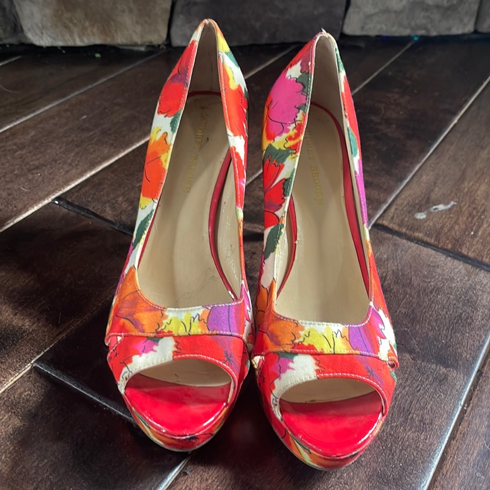 Audrey Brooke 4 inch heels, floral pattern.